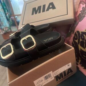 MIA Black Slides with Gold Buckles